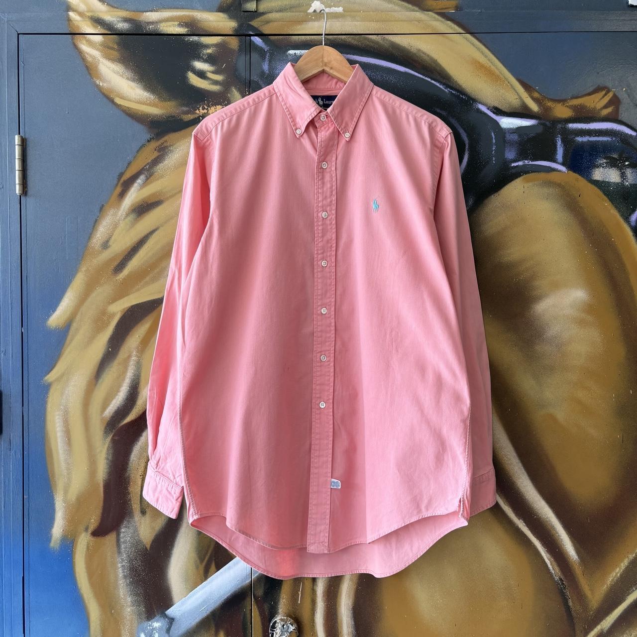Vintage Ralph Lauren Polo Shirt Mens Medium Pink Plain Preppy Pony Logo Collared Button Up Top Y2K 90s