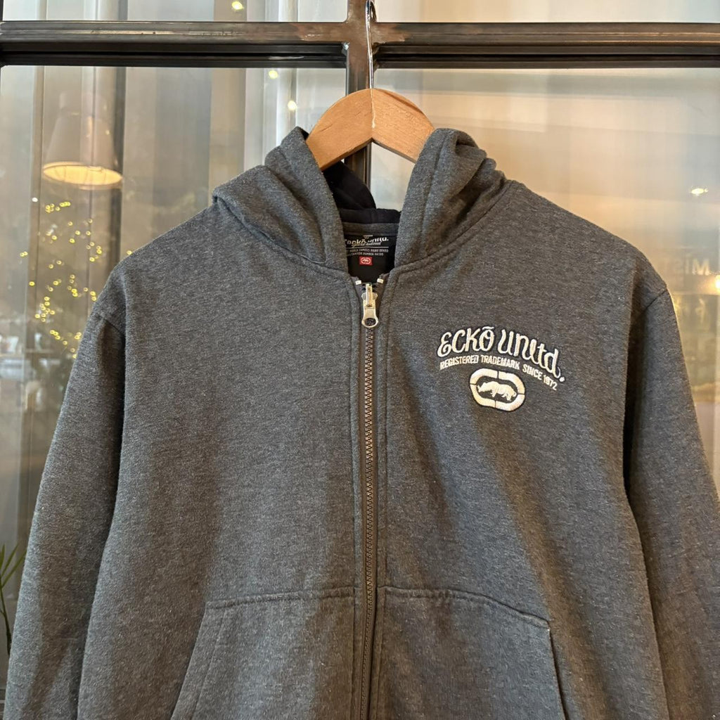042565F - Vintage Retro Essential Dark Grey Ecko Unltd. Full Zip Up Sweatshirt Hoodie with small chest embroidered logo #90s #sportswear #essential #ecko #y2k