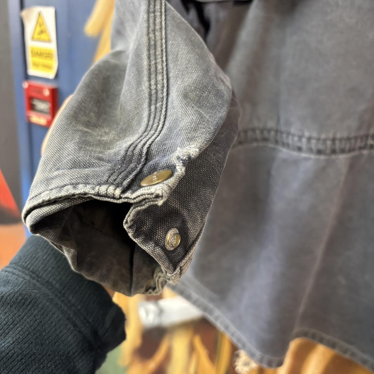 BR0801AR-U - Vintage Retro Essential Navy Blue Carhartt CW043 Button and Full Zip Up Shoulder Cape Duster Workwear Canvas lined chore Jacket #workwear #utility #carhartt #chorejacket