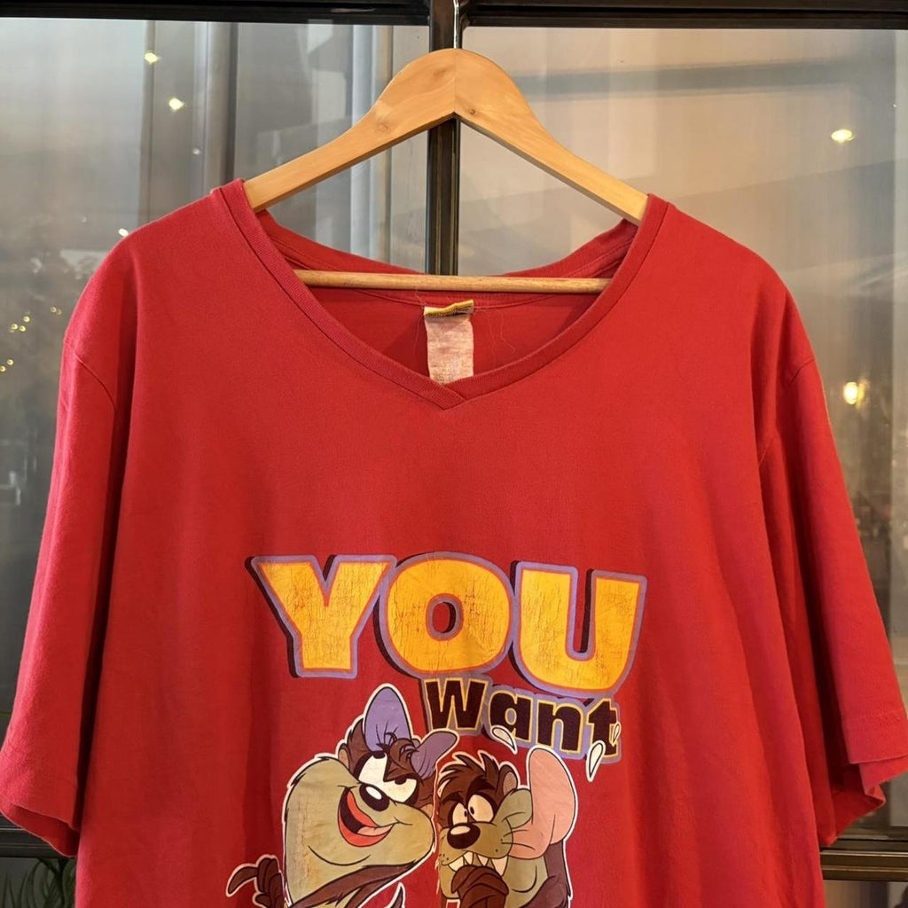 TEE638F - Vintage Retro Essential Red Looney Tunes Taz and Tasmanian She-Devil 'You want me, take a number' Graphic Print V-Neck Top Tee T-shirt #90s #graphic #taz #looneytunes #basic