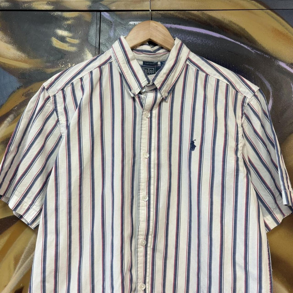 BR1912YK-U - Vintage Ralph Lauren White and Blue Striped Short Sleeve collared button up polo shirt top #Y2K #preppy #chiefkeef #smartcasual #oldmoney