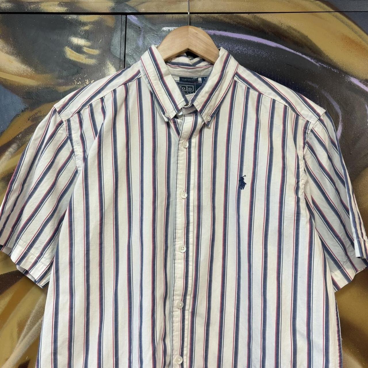 BR1912YK-U - Vintage Ralph Lauren White and Blue Striped Short Sleeve collared button up polo shirt top #Y2K #preppy #chiefkeef #smartcasual #oldmoney